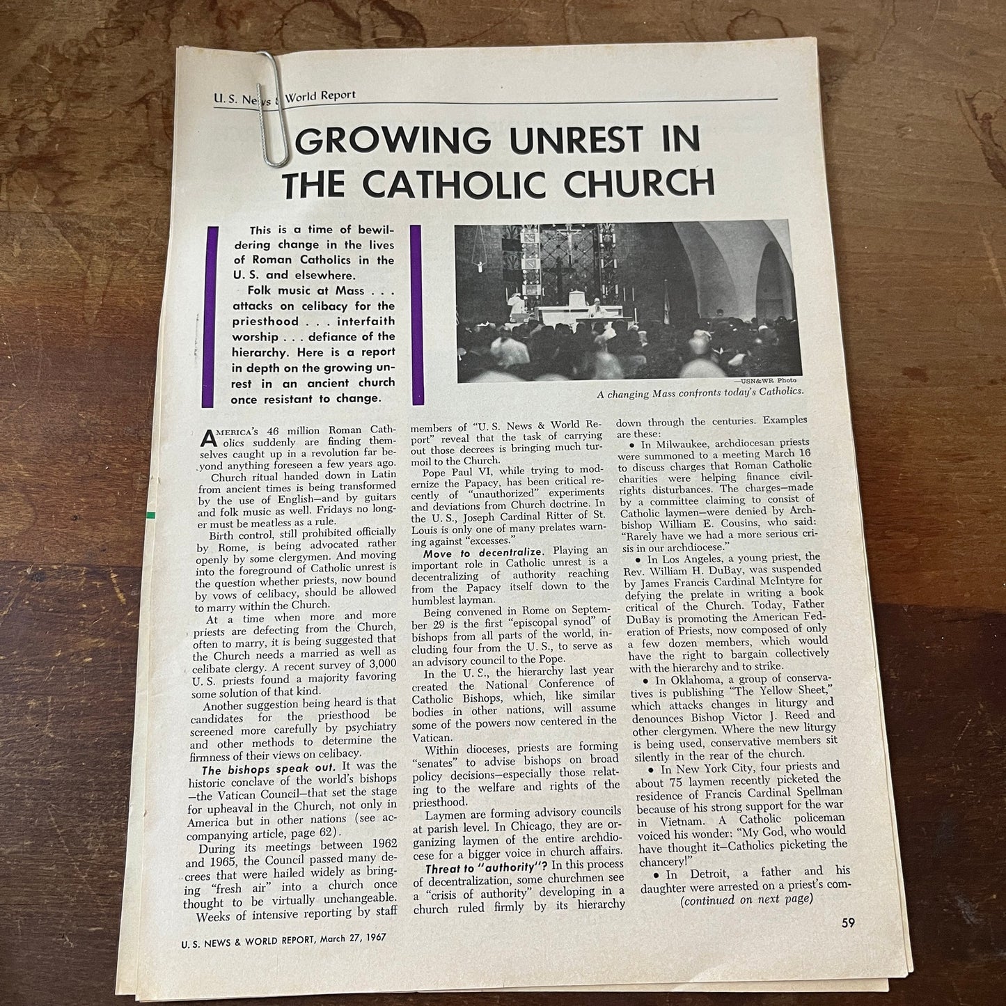 Growing Unrest in the Catholic Church 3 Pages 1967 Article AG1-15