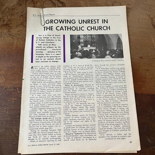 Growing Unrest in the Catholic Church 3 Pages 1967 Article AG1-15