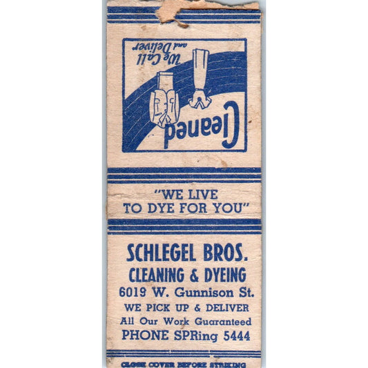 Schlegel Bros Dry Cleaning Gunnison St Chicago Vintage Matchbook Cover SD4-Y14