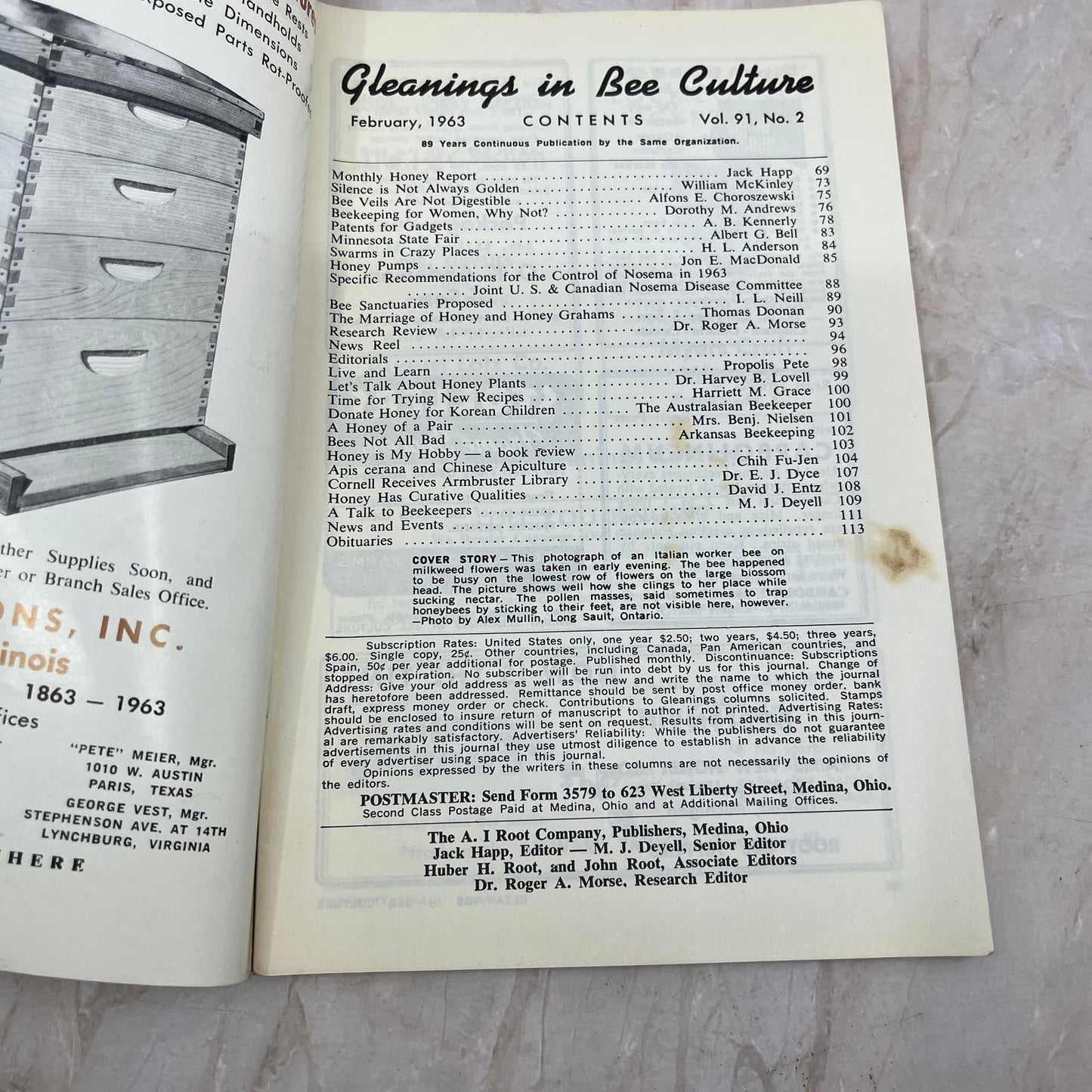 1963 February Gleanings in Bee Culture Magazine Bees Beekeeping Honey TD7