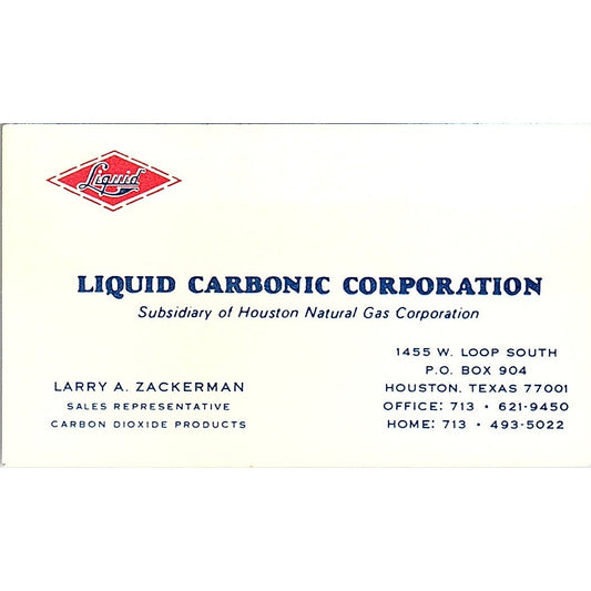 Larry A Zackerman Liquid Carbonic Corp Houston Vintage Business Card SC9-B13