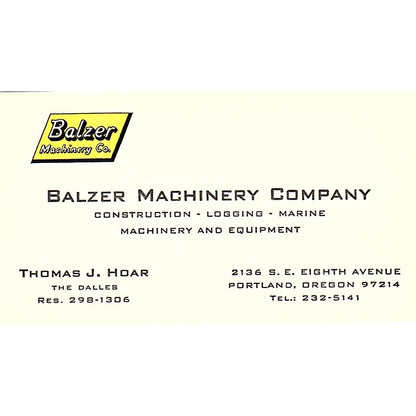 Balzer Machinery Co Thomas J Hoar Portland Oregon Vintage Business Card SB4-B4