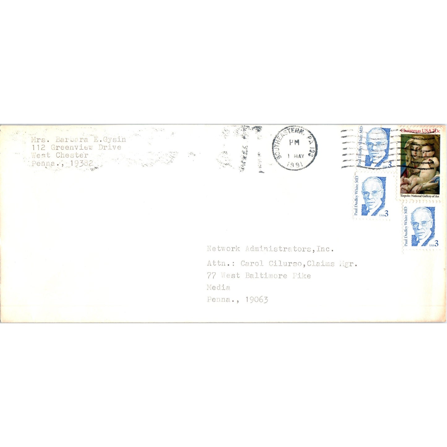 1991 Barbara E Gysin West Chester PA Postal Cover Envelope TH9-L2