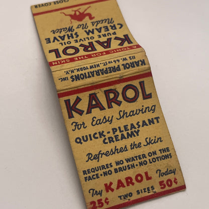 Karol Pure Olive Oil Cream Shave Vintage Matchbook Cover MM4-2