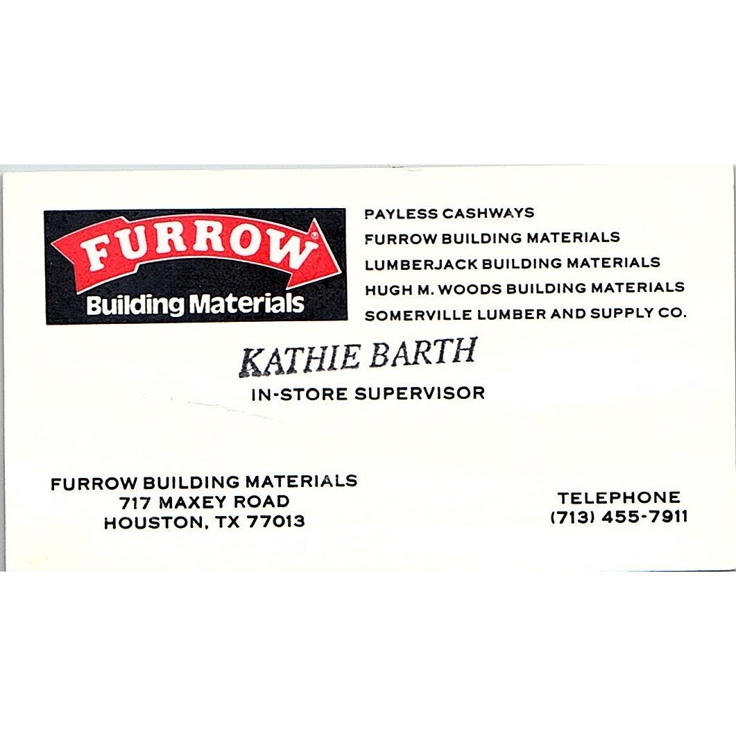 Kathie Barth Furrow Building Materials Houston Vintage Business Card SD9-B14