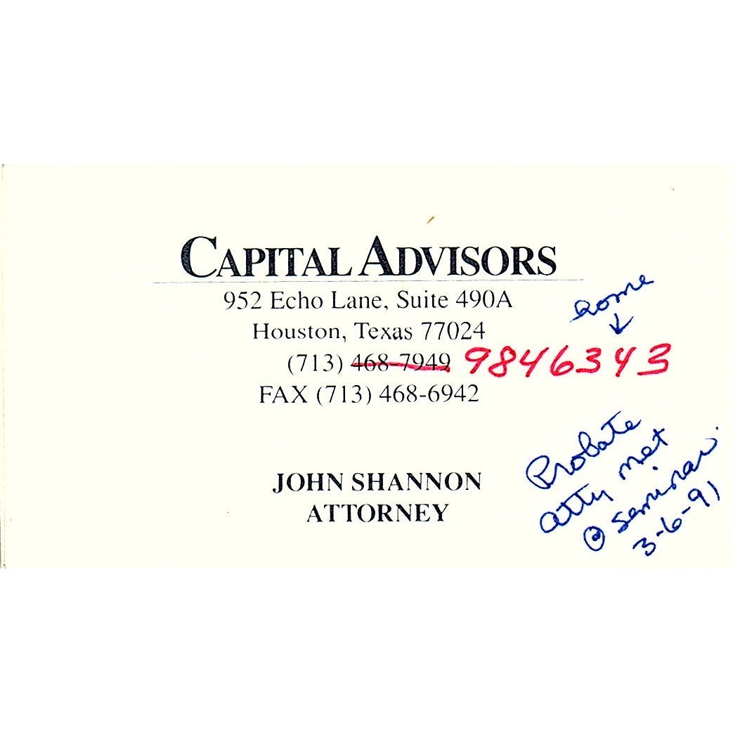 Capital Advisors John Shannon Houston Vintage Business Card SC9-B1