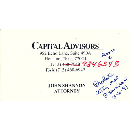 Capital Advisors John Shannon Houston Vintage Business Card SC9-B1