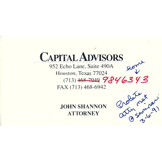 Capital Advisors John Shannon Houston Vintage Business Card SC9-B1