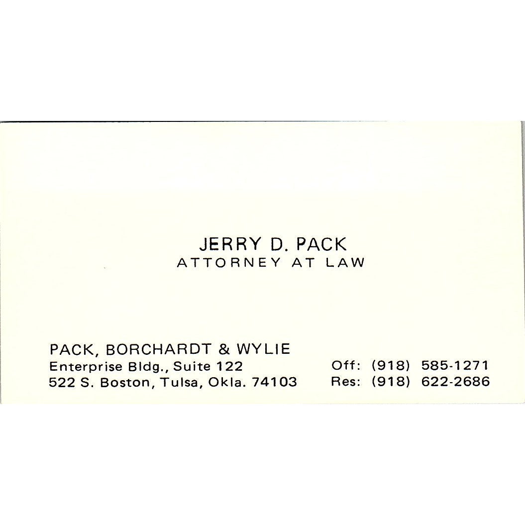 Jerry D Pack Attorney Tulsa OK Vintage Business Card SE3-B12