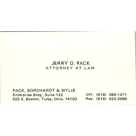 Jerry D Pack Attorney Tulsa OK Vintage Business Card SE3-B12