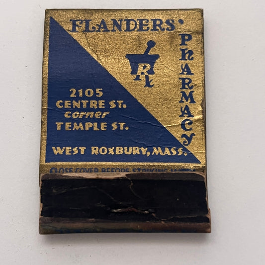 Flanders Pharmacy Temple St. West Roxbury MA Vintage Matchbook Cover TB8-MB-1