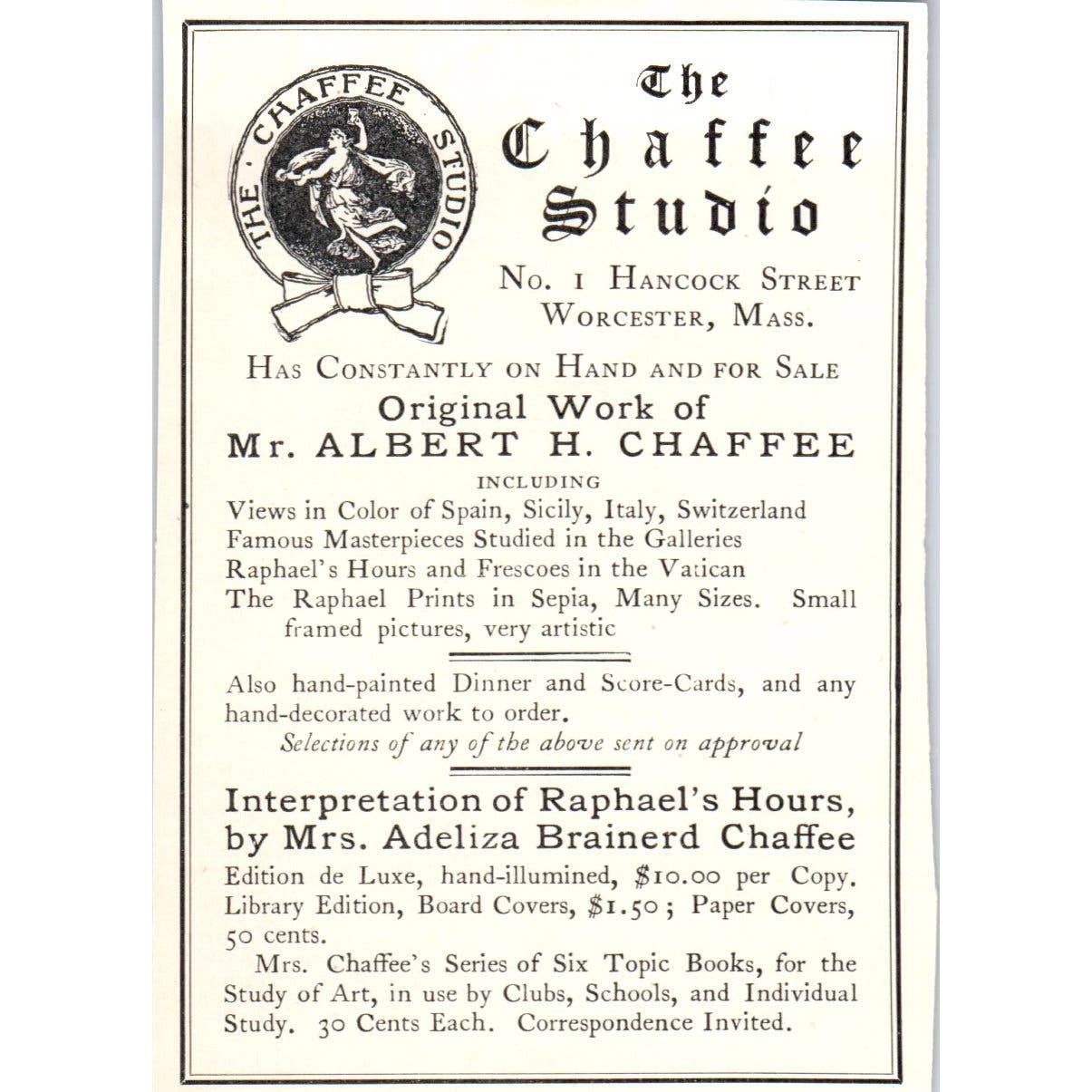 Original Work of Albert H. Chaffee Studio Worcester c1905 Victorian Ad AE9-MA6