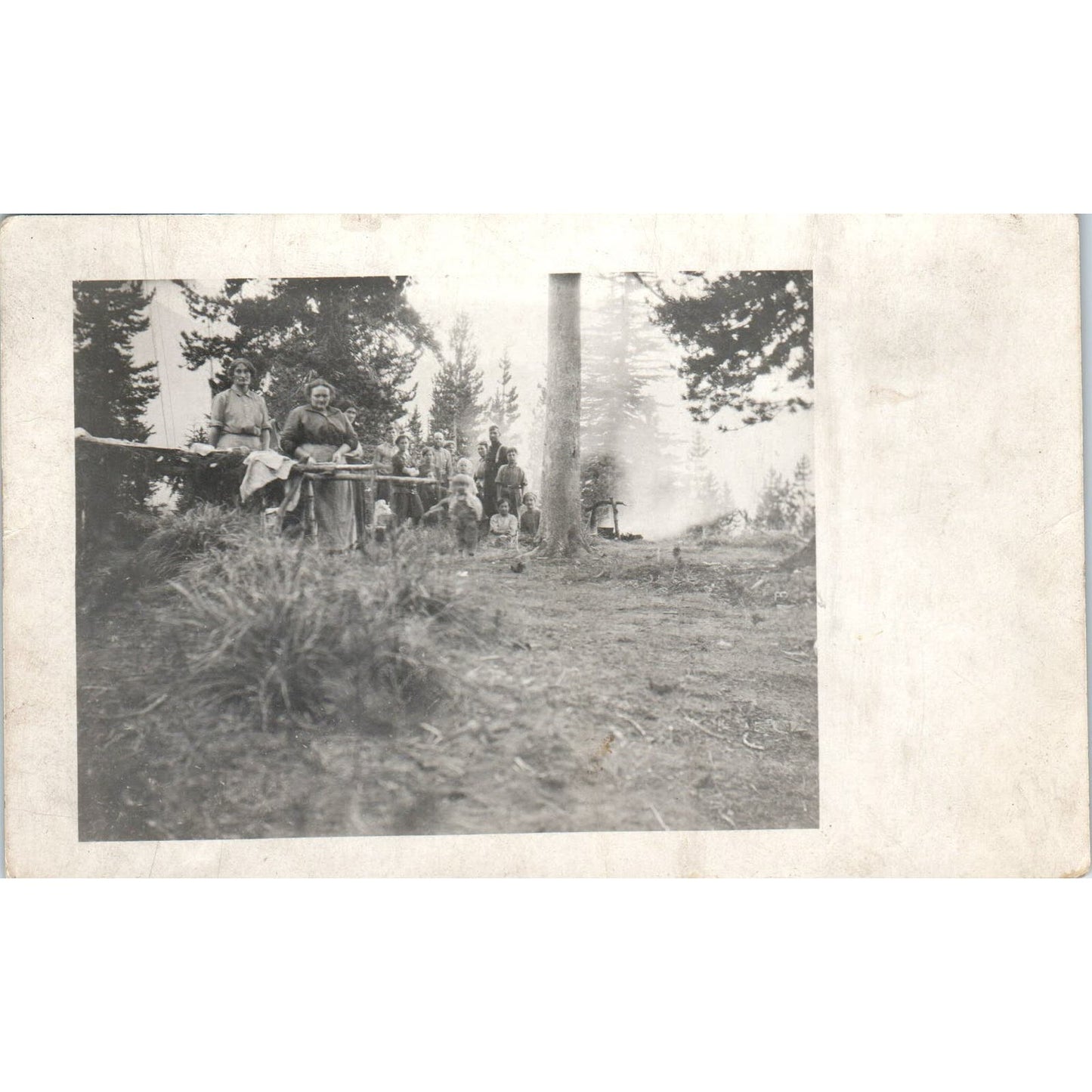 Family at a Campsite in the Woods Vintage RPPC Real Photo Postcard AB9