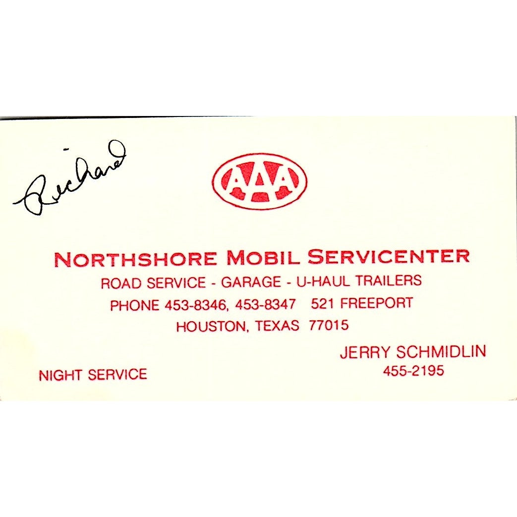 Jerry Schmidlin AAA Northshore Mobil Houston Vintage Business Card SE3-B15
