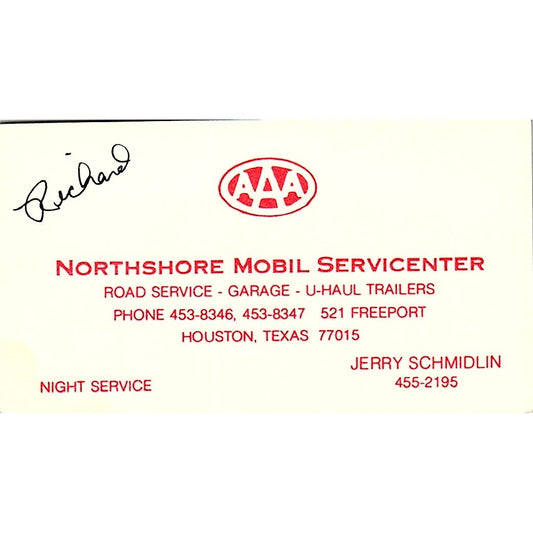 Jerry Schmidlin AAA Northshore Mobil Houston Vintage Business Card SE3-B15