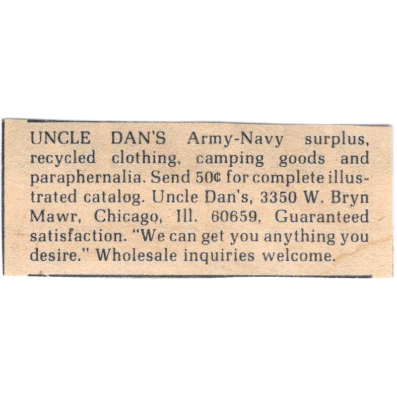 Uncle Dan's Army-Navy Surplus Bryn Mawr Chicago IL - 1/2x2 1974 Ad AF6-S7