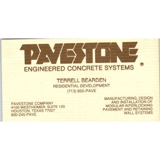 Terrell Bearden Pavestone Concrete Houston TX Vintage Business Card SD8-B3