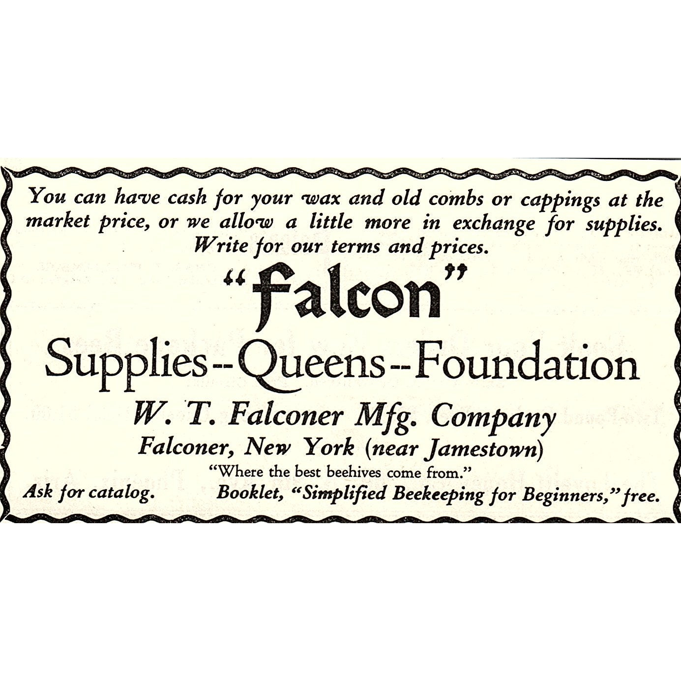 W.T. Falconer Mfg Co Bee Supplies Falconer New York 1926 Ad AG3-M8