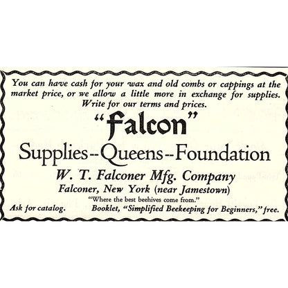 W.T. Falconer Mfg Co Bee Supplies Falconer New York 1926 Ad AG3-M8