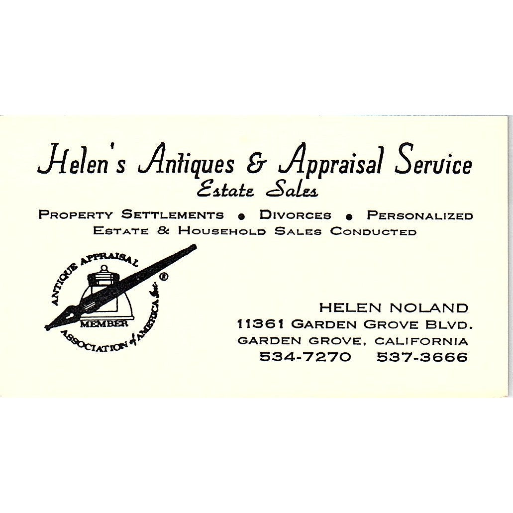 Helen Noland Antiques & Appraisal Garden Grove CA Vintage Business Card SE3-B16