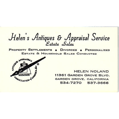 Helen Noland Antiques & Appraisal Garden Grove CA Vintage Business Card SE3-B16