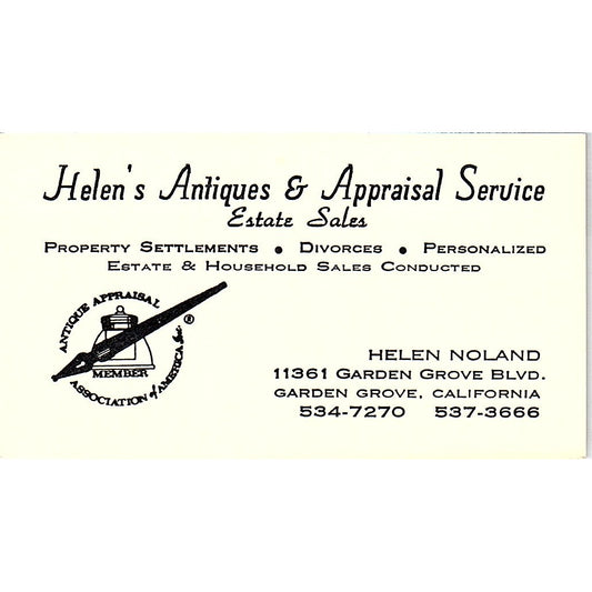 Helen Noland Antiques & Appraisal Garden Grove CA Vintage Business Card SE3-B16
