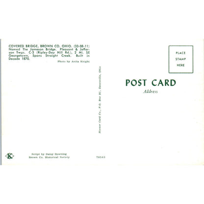 Jameson Bridge Brown County Ohio 33-08-11 Covered Bridge Postcard PB11