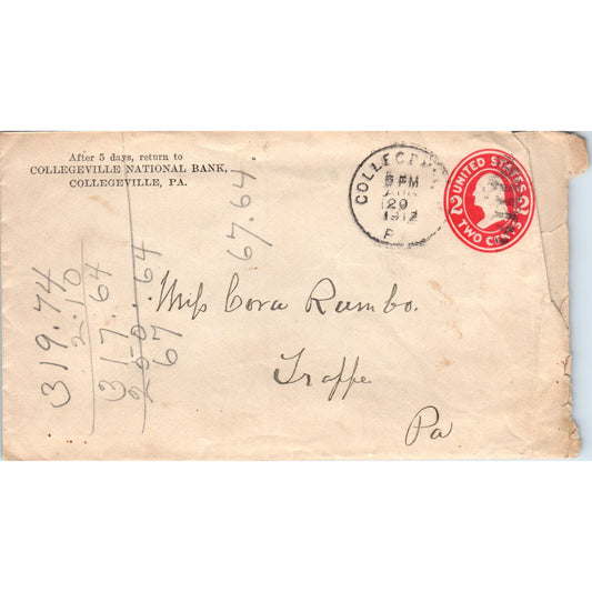 1912 Collegeville Bank to Cora Rambo Trappe PA Postal Cover Envelope TG7-PC2