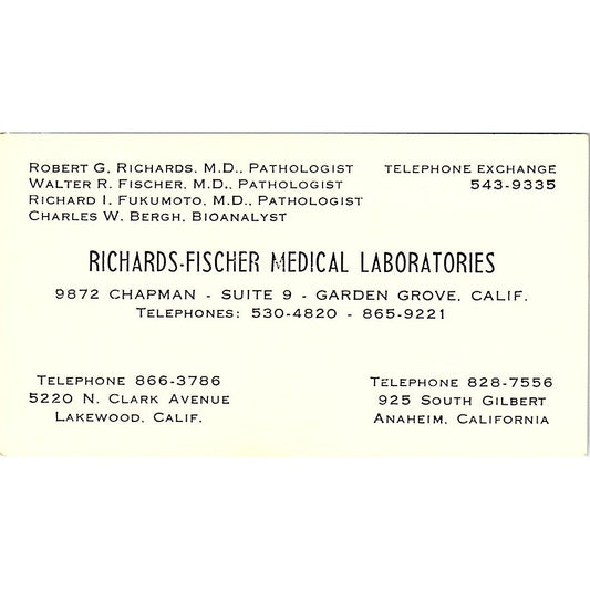Robert G Richards-Fischer Medical Laboratories Anaheim Business Card SD9-B10