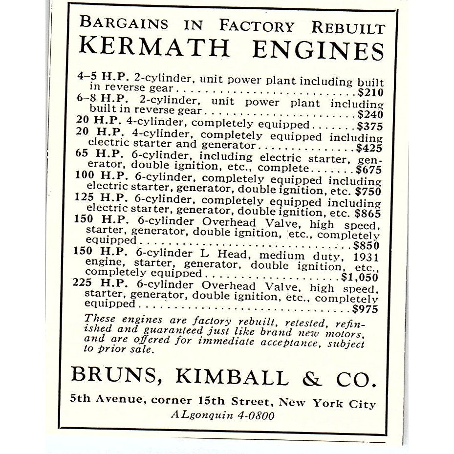 Kermath Engines for Yachts Bruns, Kimball & Co NY 1932 Ad AG2-M18