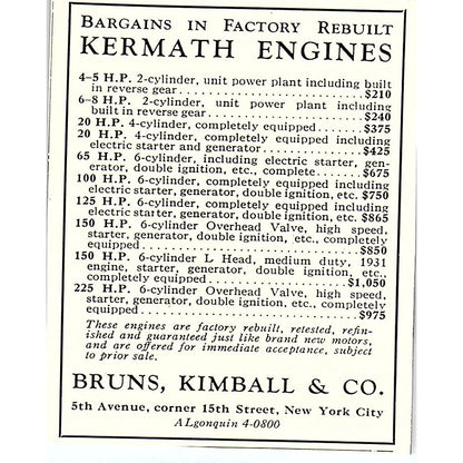 Kermath Engines for Yachts Bruns, Kimball & Co NY 1932 Ad AG2-M18