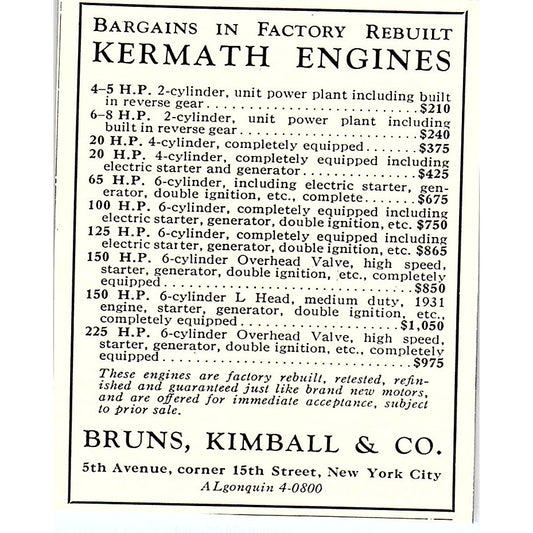 Kermath Engines for Yachts Bruns, Kimball & Co NY 1932 Ad AG2-M18