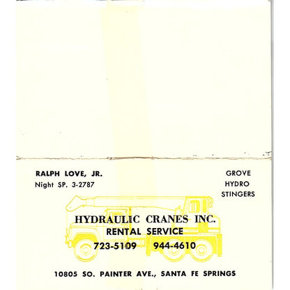 Hydraulic Granes Ralph Love Santa Fa Springs Vintage Business Card SB4-B5