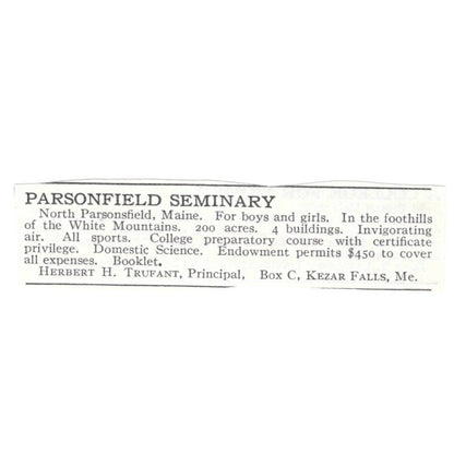 Parsonfield Seminary North Parsonsfield ME Herbert H Trufant c1920 Ad AG4-S1