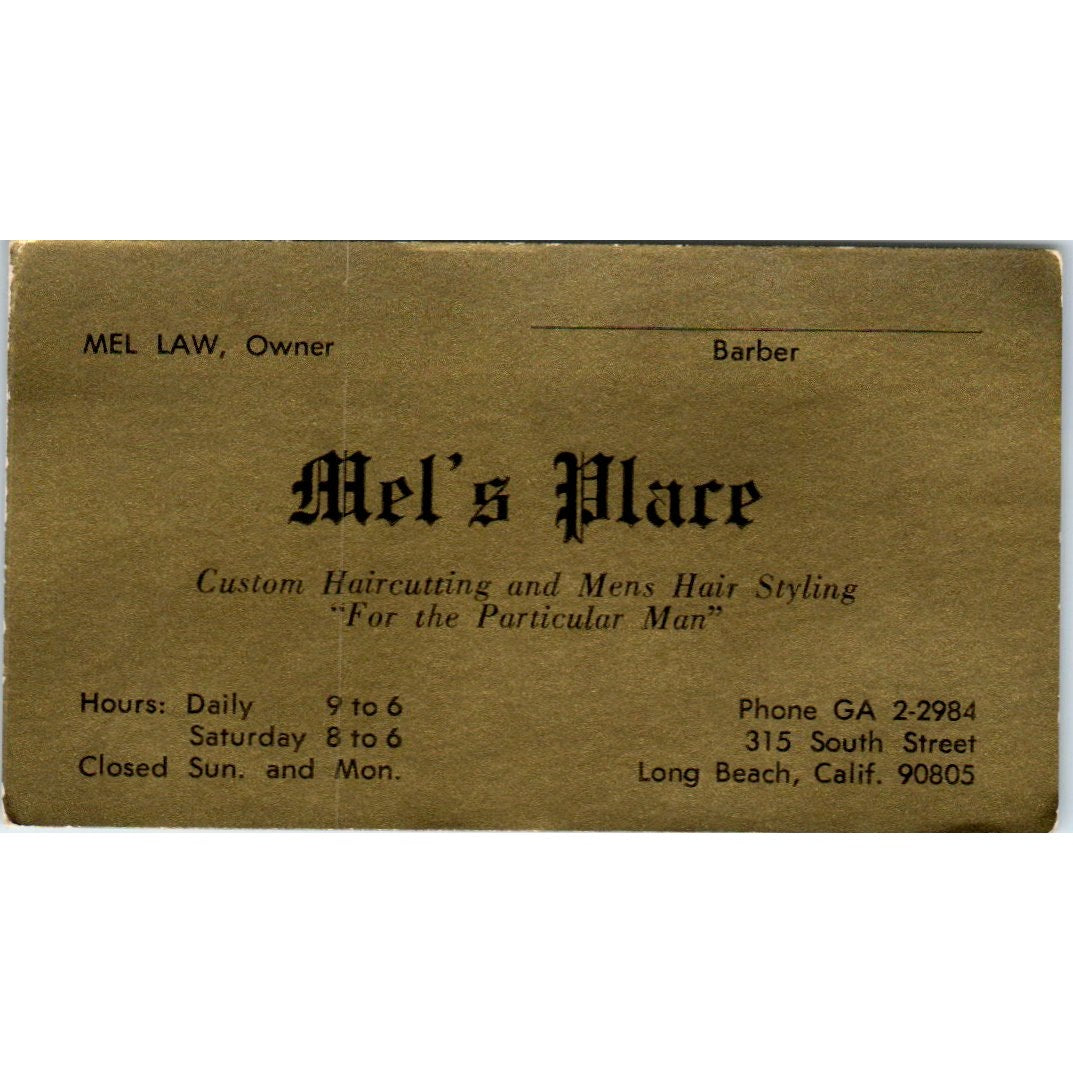 Mel's Place Mel Law Barber Shop Long Beach CA Vintage Business Card SD8-B9