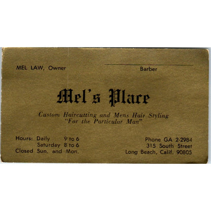 Mel's Place Mel Law Barber Shop Long Beach CA Vintage Business Card SD8-B9