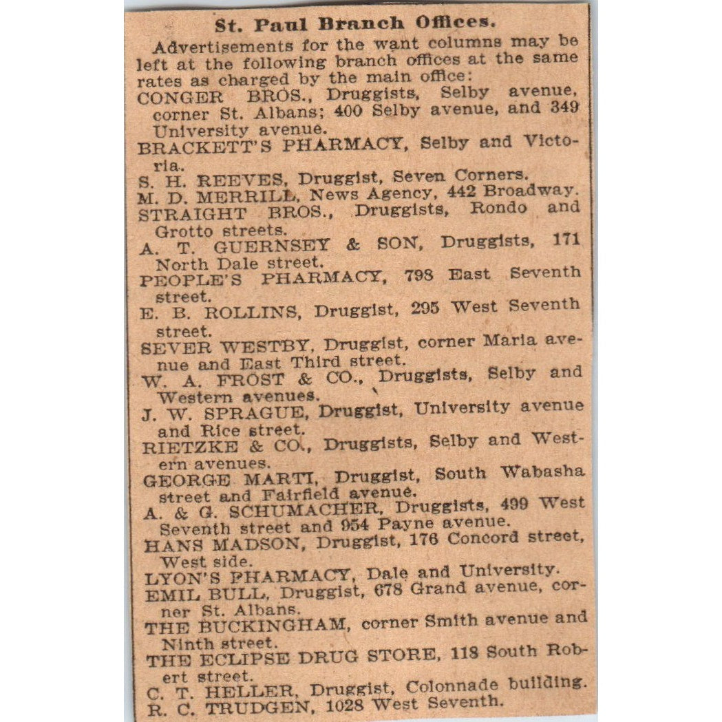 St. Paul Drug Stores and Pharmacies St. Paul 1898 Newspaper Ad AF2-Q1