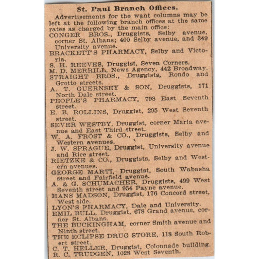 St. Paul Drug Stores and Pharmacies St. Paul 1898 Newspaper Ad AF2-Q1