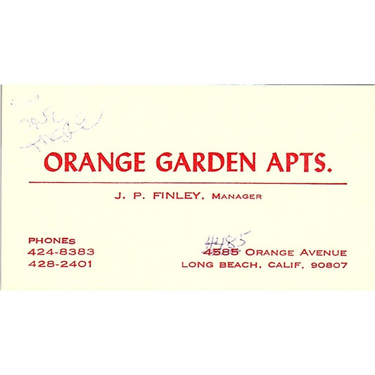 Orange Garden Apartments J.P. Finley Long Beach CA Vintage Business Card SE3-B15
