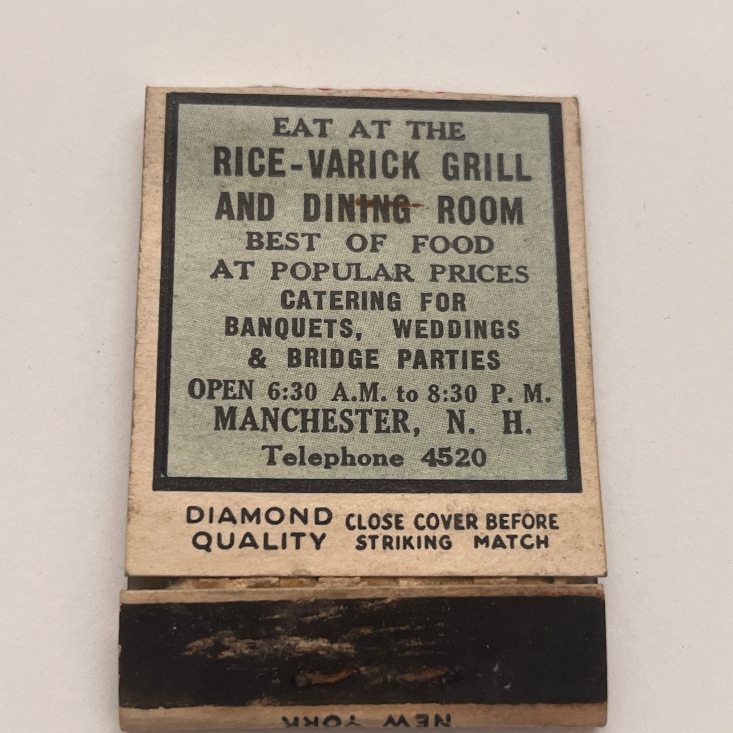Rice-Varick Grill & Dining Room Manchester NH Vintage Matchbook Cover TB8-MB2-4