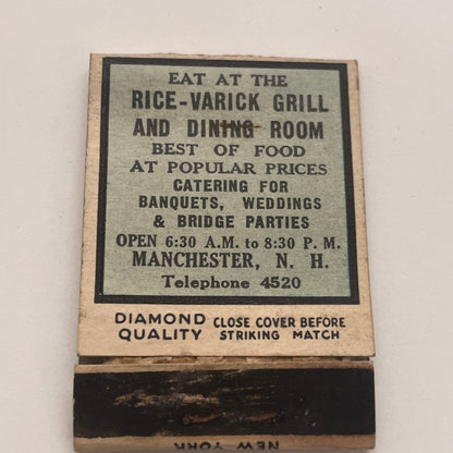Rice-Varick Grill & Dining Room Manchester NH Vintage Matchbook Cover TB8-MB2-4