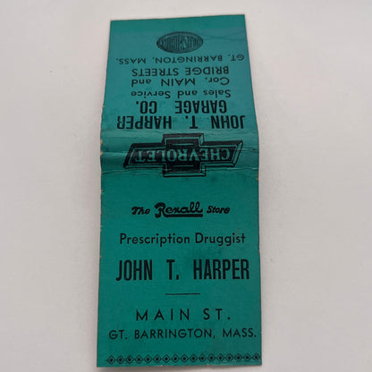 John T Harper Garage Co Chevrolet Gt. Barrington MA Vtg Matchbook Cover TB8-MB-3