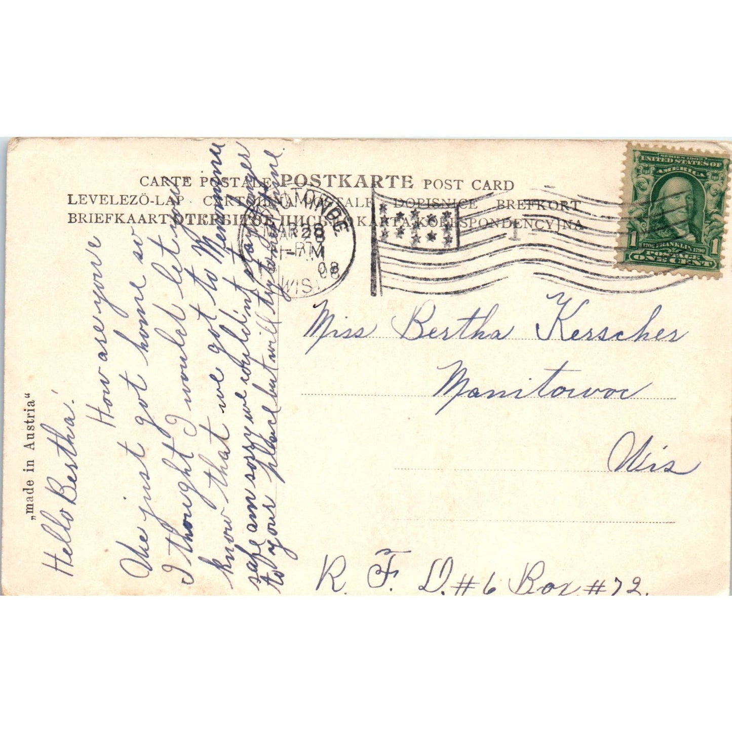 1908 Greetings from Menominee Michigan Postcard PD3