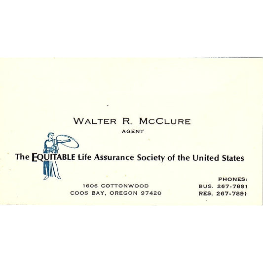Walter R McClure The Equitable Life Coos Bay OR Vintage Business Card SD9-B8