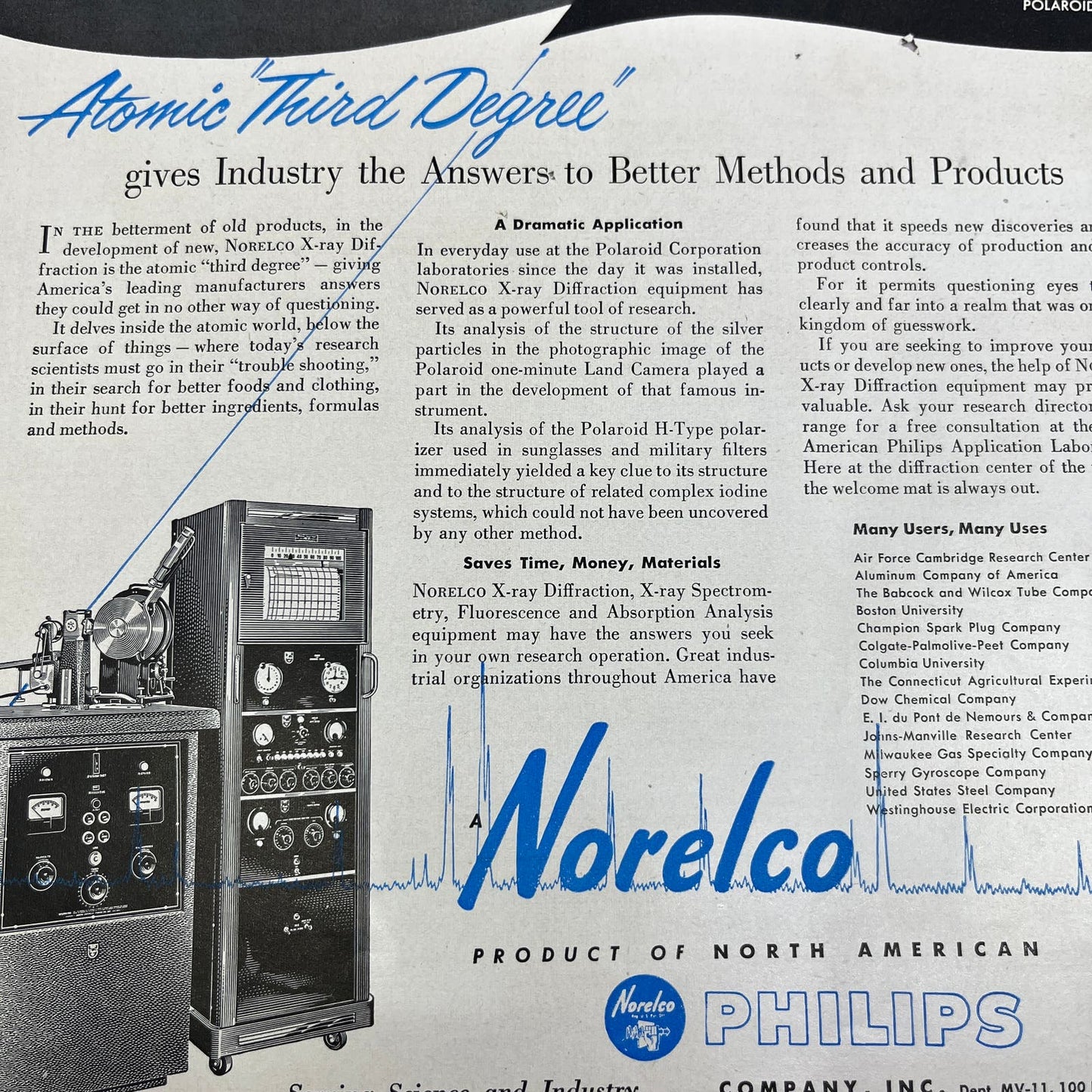 Norelco Phillips X-Ray Diffraction Spectrometry Equipment 1951 Magazine Ad FL610