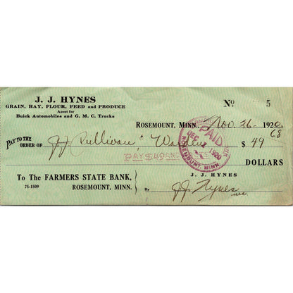 1920 J.J. Hynes Grain & Produce Buick GMC Rosemount MN Bank Check AJ4-H7