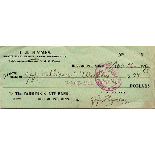 1920 J.J. Hynes Grain & Produce Buick GMC Rosemount MN Bank Check AJ4-H7