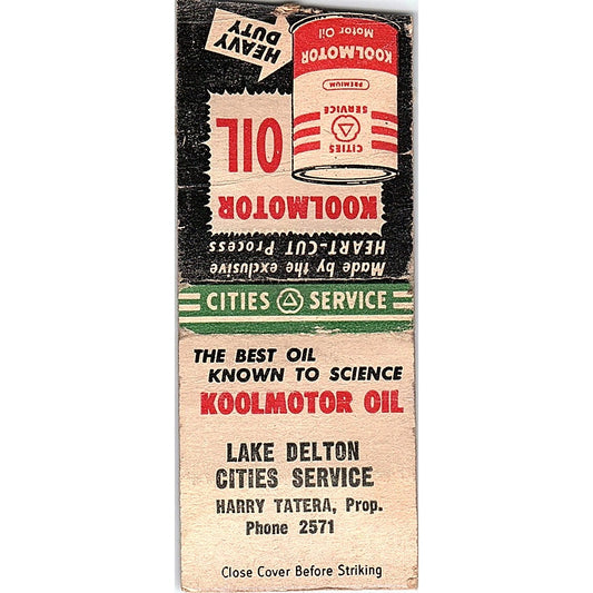 Lake Delton Cities Service Harry Tatera Koolmotor Oil Vtg Matchbook Cover SC7-Y5