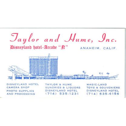 Taylor & Hume Inc Disneyland Hotel Arcade N Anaheim CA Vtg Business Card SD8-B22