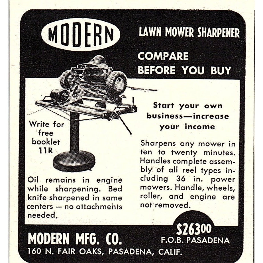 Modern Mfg Co Lawn Mower Sharpener Pasadena CA 1955 Ad AF9-M4